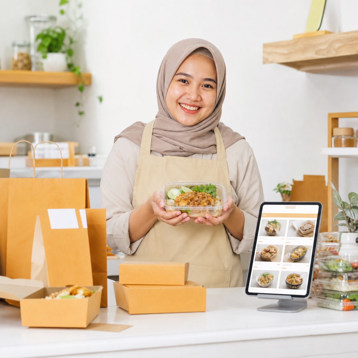 Penjual makanan dengan kemasan produk dan katalog usahanya