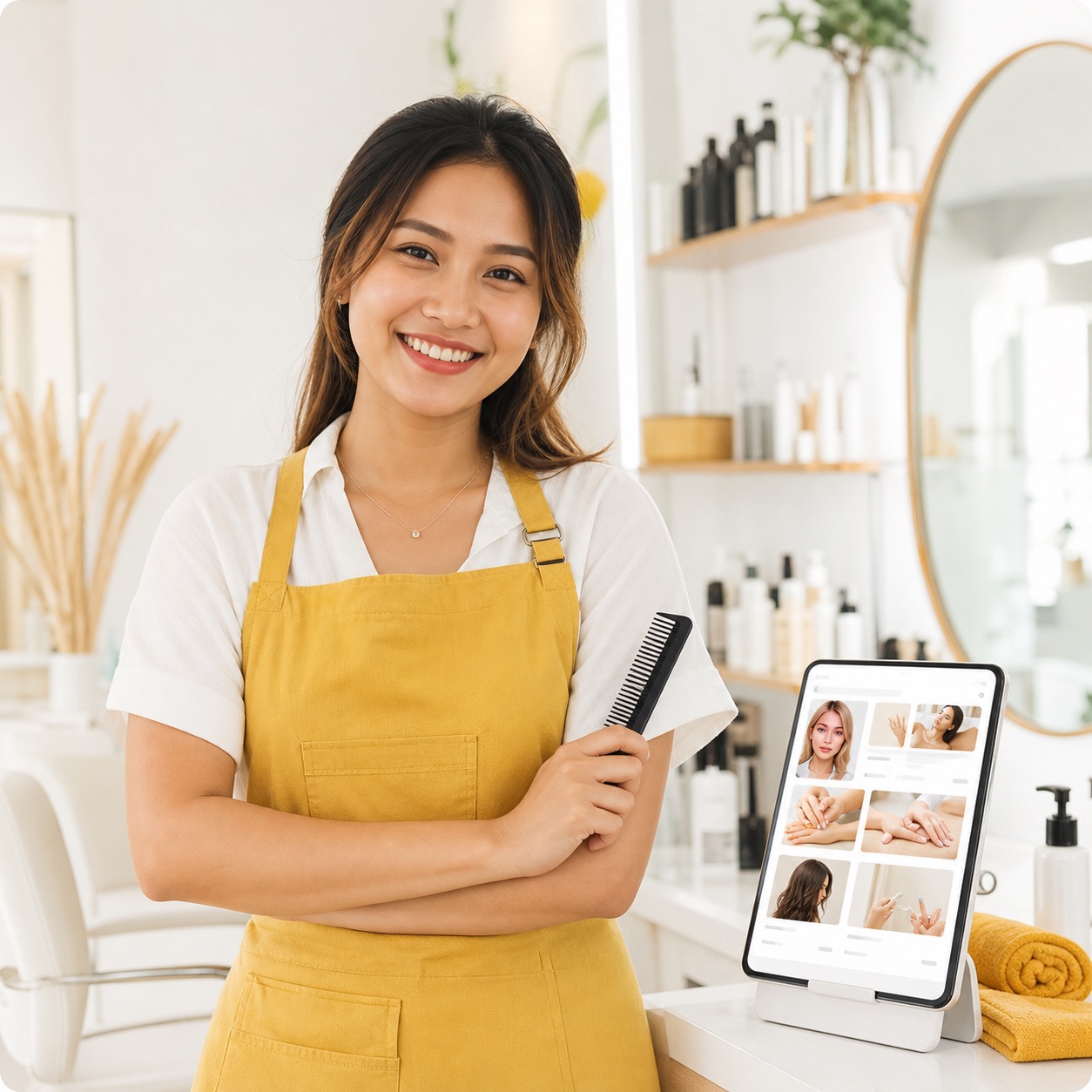 Pemilik salon dengan katalog layanan usahanya