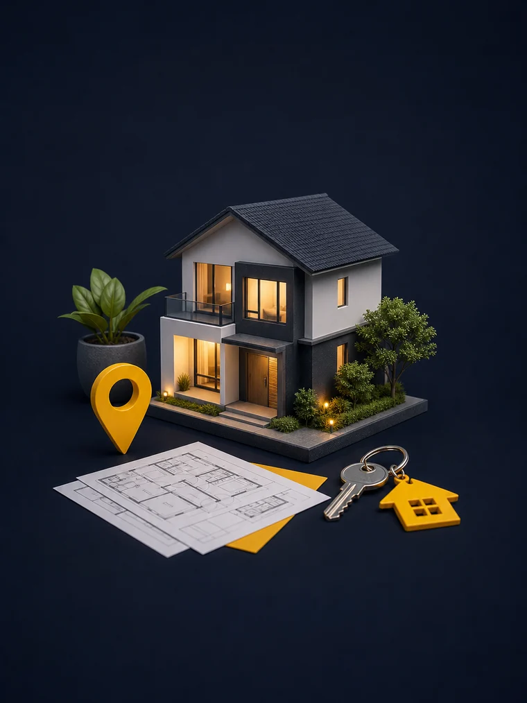 Model rumah, denah, kunci, dan penanda lokasi properti